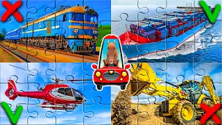 Puzzle Game cars and animals for kids. Trains, construction equipment, aircraft, ships, animals