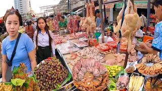 Cambodian street food at market, plenty of fresh pork, chicken, beef, fruits, vegetables & more