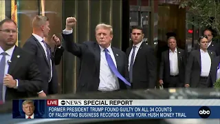Donald Trump greets, pumps fists at his supporters outside Trump Tower following gulity verdict
