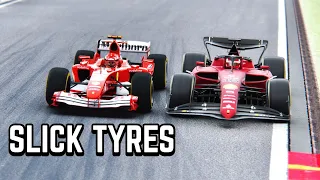 Ferrari F1 2022 vs Ferrari F1 2004 with SLICK TYRES at Spa Francorchamps