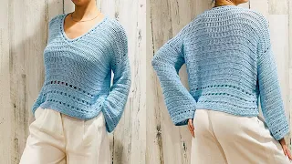 JERSEY DE VERANO CON CUELLO V A CROCHET - CROCHET V NECK SUMMER TOP || TUTORIAL ||