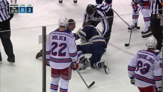 Calvert hit in face by Holden point shot