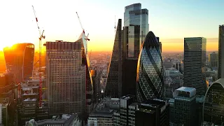 [4K] City of London Skyscrapers at Sunset | Drone