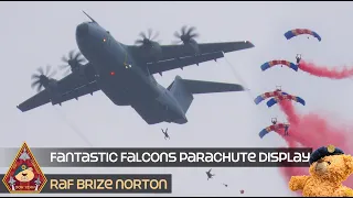 AWESOME 1st DISPLAY RAF FALCONS PARACHUTE DISPLAY WITH A400M ATLAS IN MORDOR-LIKE RAF BRIZE NORTON