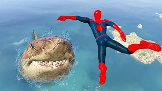 Megalodon & Spider-Man | GTA 5 Water Ragdolls/Jumps/Fails (Funny Moments) Ep.128