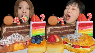 KIM&LIZ ASMR FACE REVEAL! EATING CHOCOLATE CAKE, RAINBOW CAKE, CREAM PASTRIES 먹방