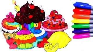 How to Color Rainbow Yummy cupcake with fruits - Cupcake Coloring Page