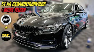 ST XA Gewindefahrwerk + Dicke 20 Zoll WHEELFORCE Felgen passend für BMW 440i F36 mit BRUTALEM SOUND