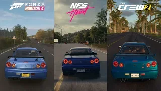 Forza Horizon 4 vs NFS Heat vs The Crew 2 - Nissan Skyline GT-R V-Spec (R34) Sound Comparison