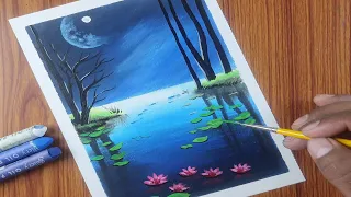 Oil Pastel Drawing | Blue Moonlight Night | Easy Scenery Painting for Beginners | #art