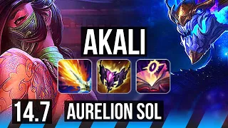 AKALI vs AURELION SOL (MID) | 13 solo kills, Legendary, 67% winrate, 16/2/2 | BR Diamond | 14.7