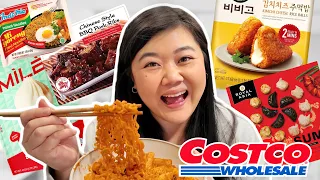 Trying NEW ASIAN FOOD at COSTCO 2024! (kimchi cheese rice balls, dimsum, pad thai, takoyaki balls)