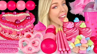 ASMR PINK DESSERTS MUKBANG, CHOCOLATE COVERED PRETZELS, VALENTINES VINTAGE CAKE, STRAWBERRY JELLO 먹방