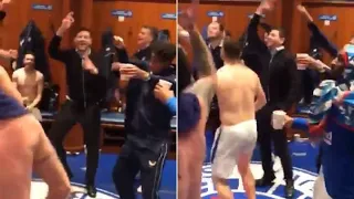 WILD DRESSING ROOM RANGERS PLAYERS CELEBRATING ONE HAND IN SCOTTISH  PREMIERSHIP TITLE