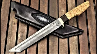 Knife making - Tanto knife with wolftooth damascus and an exotic stingray sheath!