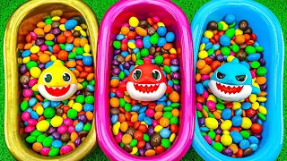 Rainbow Satisfying ASMR | Skittles Mixing Candy in Color BathTubs with Grid Balls & 3 Baby Shark