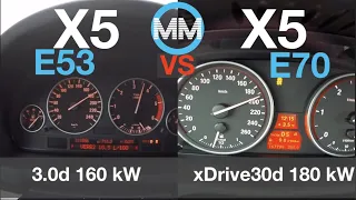 ACCELERATION BATTLE | BMW X5 3.0d vs BMW X5 xDrive30d | E53 LCi vs E70 LCi | 160 vs 180 kW