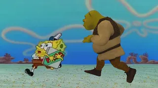 Shrek trying to get a pizza from Spongebob