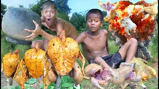 Primitive technology - Big chicken cooking in clay pot eating delicious