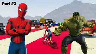 GTA 5 Spiderman vs Hulk Hard Container Reach Finish Line Race Challenge | Motorbike Car Race #2