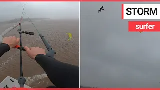 Adrenaline junkie kite surfs in 80mph winds during Storm Ciara | SWNS