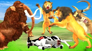 3 Giant Lion attack Cow Cartoon Bull Gorilla Saved by Zombie Mammoth Vs Lions