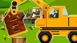 The Bear's Construction: Build a bee house - Cement Mixer, Dump Truck, Wheeled crane, Log Loader