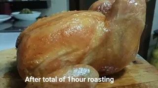 Crispy roasted chicken by hanging technic using home oven