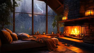 Cozy Rain on Window with Thunderstorm and Warm Fireplace | Deep Sleep, Study, and Relaxation Sounds