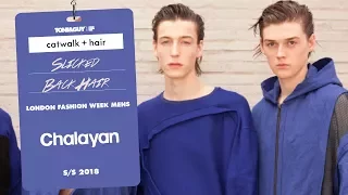 Catwalk hair: slicked back hair at Chalayan for London Fashion Week Men's SS18