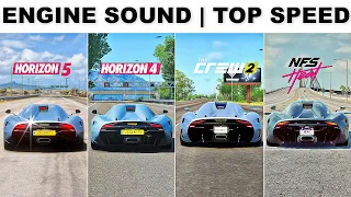 Koenigsegg Regera Engine & Top Speed - Forza Horizon 5 vs FH4 vs The Crew 2 vs NFS Heat