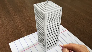 How to Draw a 3D Skyscraper on Line Paper -Big Building Illusion