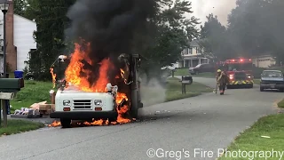 PRE ARRIVAL FULLY INVOLVED MAIL TRUCK FIRE WITH EXPLOSION