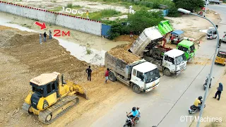 Part11 !! Great Team Work Dump Trucks 5 Ton Unloading & DR51PX Bulldozer Spreading Stone Into Water