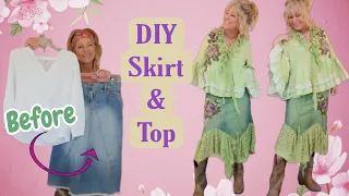 How To Make a Fun Boho Outfit From a Jean Skirt & White Blouse Dyed Green