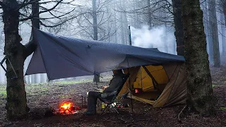 Hot Tent & Tarp Set Up Camping in Heavy Rain