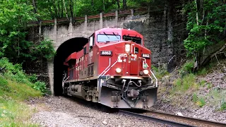 Massive Canadian Freight Trains Thru Tunnels And Rail Curves, In The Historic Fraser Canyon - BC