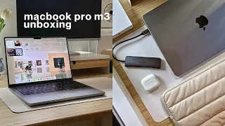 macbook pro m3 unboxing [14" space gray] ☁️  +airpods 3, accessories, macOS sonoma desktop aesthetic