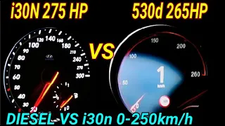 BMW 530d 265 hp vs Hyundai i30N 275hp Acceleration sound 0 250 km/h