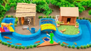 DIY how to make mini Farm Diorama with fish pond - house of animals, mini hand pump | woodwork #19