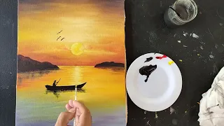 Pintura acrílica sobre tela: Pôr do Sol com Barco - Pintura de paisagem em tela para iniciantes