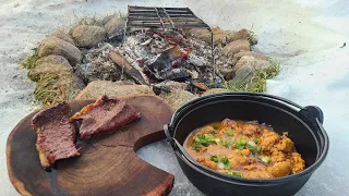 Chicken Manchurian + Sirloin Steak on this beautiful winter day! #bittybigq  #camping