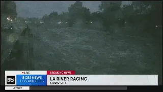 LA River water levels raging in canal behind CBS Broadcast Center