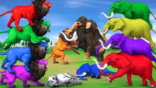 5 Elephants vs 5 Lions attack African Elephant Cow Cartoon Save by Woolly Mammoth Animal Revolt