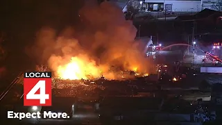 Aerial footage shows massive fire at distribution plant in Clinton Township