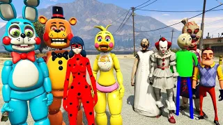 LADY BUG CHICK AND Animatronics rescued Freddie from VILLAINS ADVENTURE FNAF GTA 5 MODS Multi Pulti