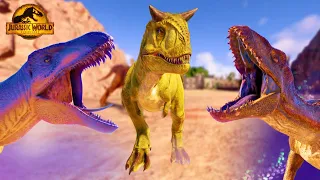Indoraptor vs Carnotaurus vs Acrocanthosaurus Battle Royale | Jurassic World Evolution 2