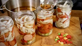 Sterilized sausages with onions and hot peppers!