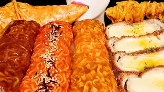 ASMR CHEESY CARBO FIRE NOODLE WRAP, CHEESE PORK CUTLETS, 까르보 불닭쌈 먹방 EATING SOUNDS MUKBANG