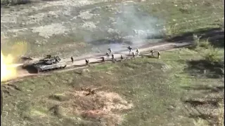 Georgian Legion T-64BV battle tank supports Ukraine infantry advance storming a Russian trench